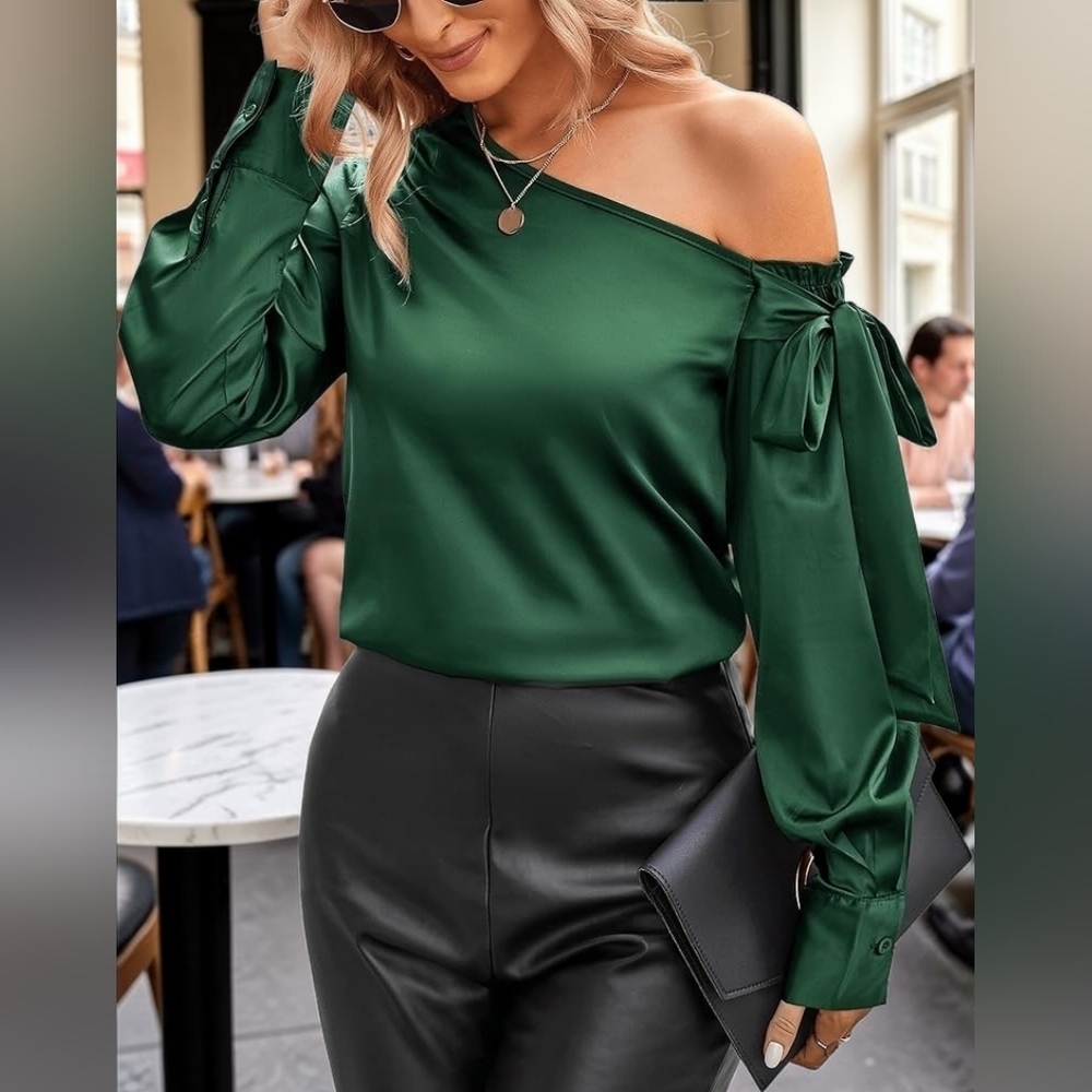 Emerald Satin Off Shoulder Blouse  Bow Sleeve Elegant Dressy Top